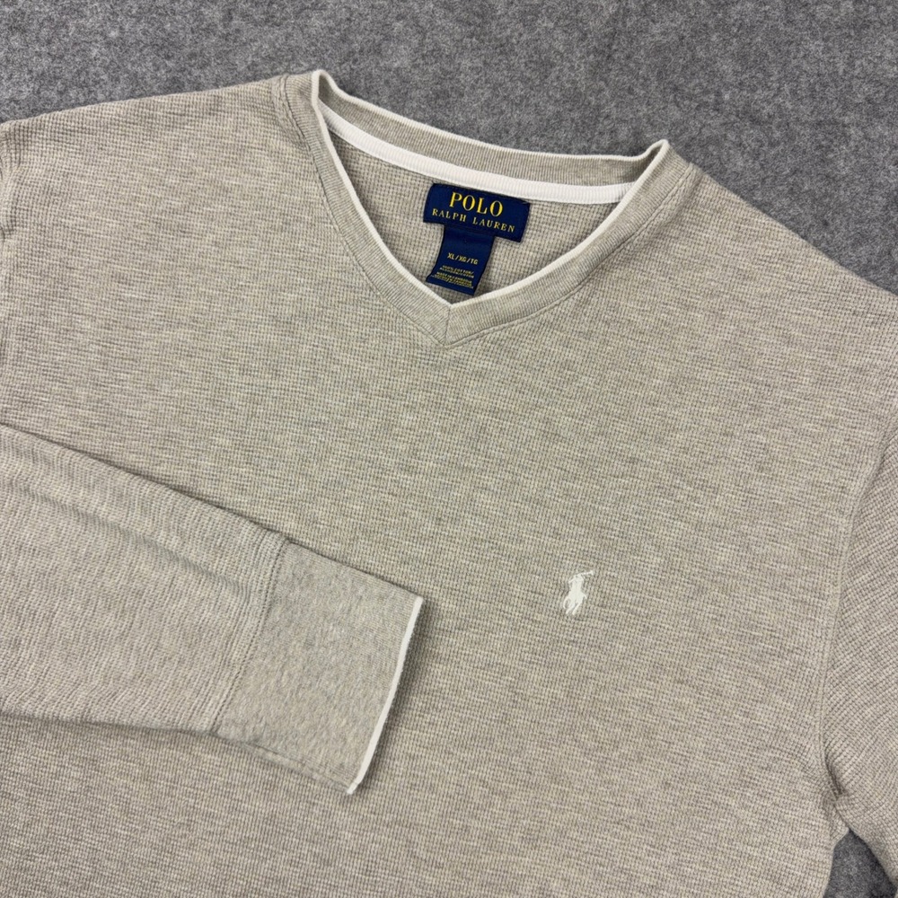 Polo Ralph Lauren Shirt Men XL Gray V-Neck Long Sleeve Waffle Thermal White Pony